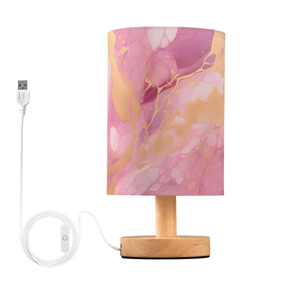 Pink and Golden Marble Bedside Table Lamp LED Warm Lights with USB Charging Port Retro Cylinder Desk Lamps