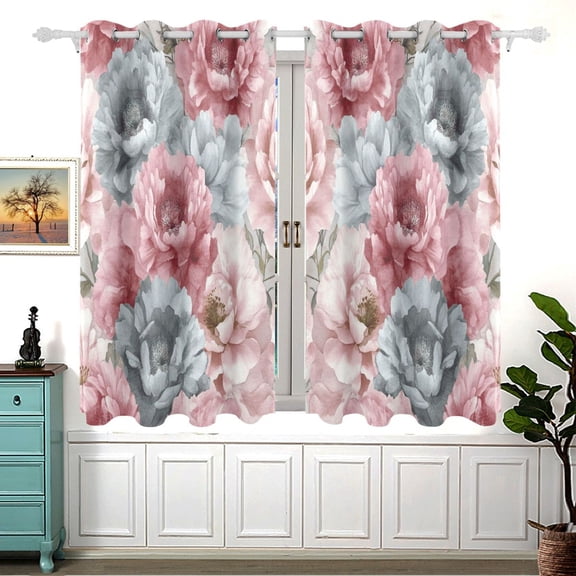 Pink and Gray Flower Blackout Curtains for Living Room Bedroom 55W x 54L Insulated Window Drapes 2 Panels