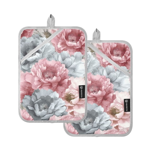 Pink and Gray Flower Oven Mitts Pot Holders 2 pcs Heat Resistant for Kitchen Baking Grilling