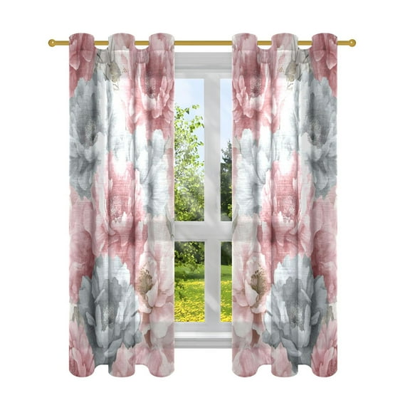 Pink and Gray Flower Semi Sheer Curtains for Living Room Bedroom Set of 2 Insulated Window Drapes