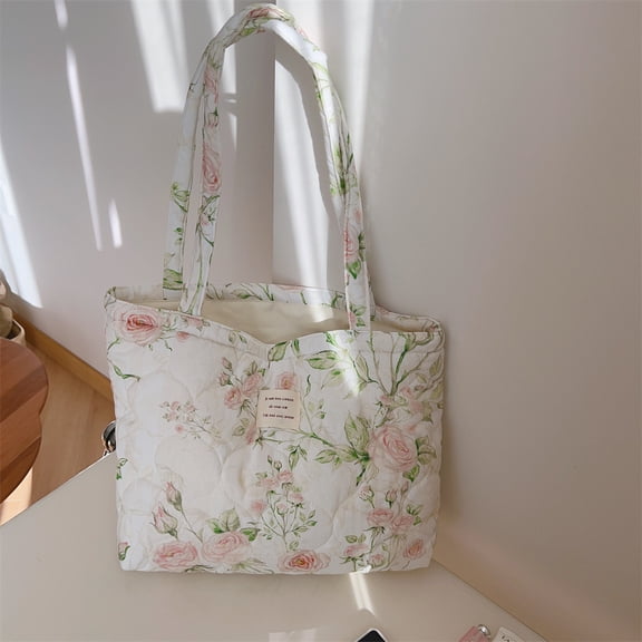 Pink and Green Floral Handbag, Cotton-padded Thickened Large Bag, Shoulder Cotton Bag, Large-capacity Fresh Literary and Artistic Shoulder Bag.