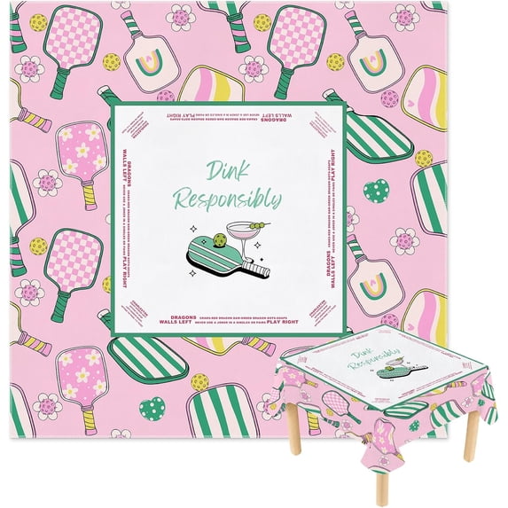 Pink and Green Pickleball Martini Mahjong Tablecloth 55" x 55" Tablecloth , Table Cloth and Table Covers, Stain Resistance Polyester Table Cover for