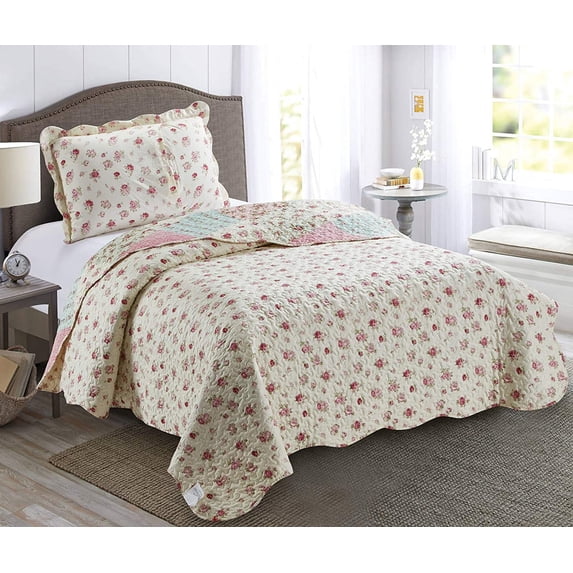 Pink and Green Rose Patchwork, 2-Piece Quilt Set with 1 Sham, Reversible Bedspread, Soft Lightweight Coverlet, All-Season, Twin, Pink Green