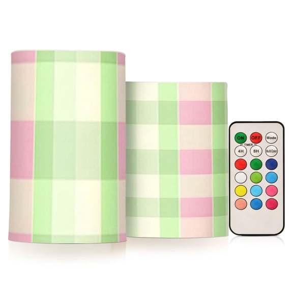 Pink and Green Stripes Flickering Flameless Candles Battery Operated with Remote Timer LED Pillar Candles Set of 2