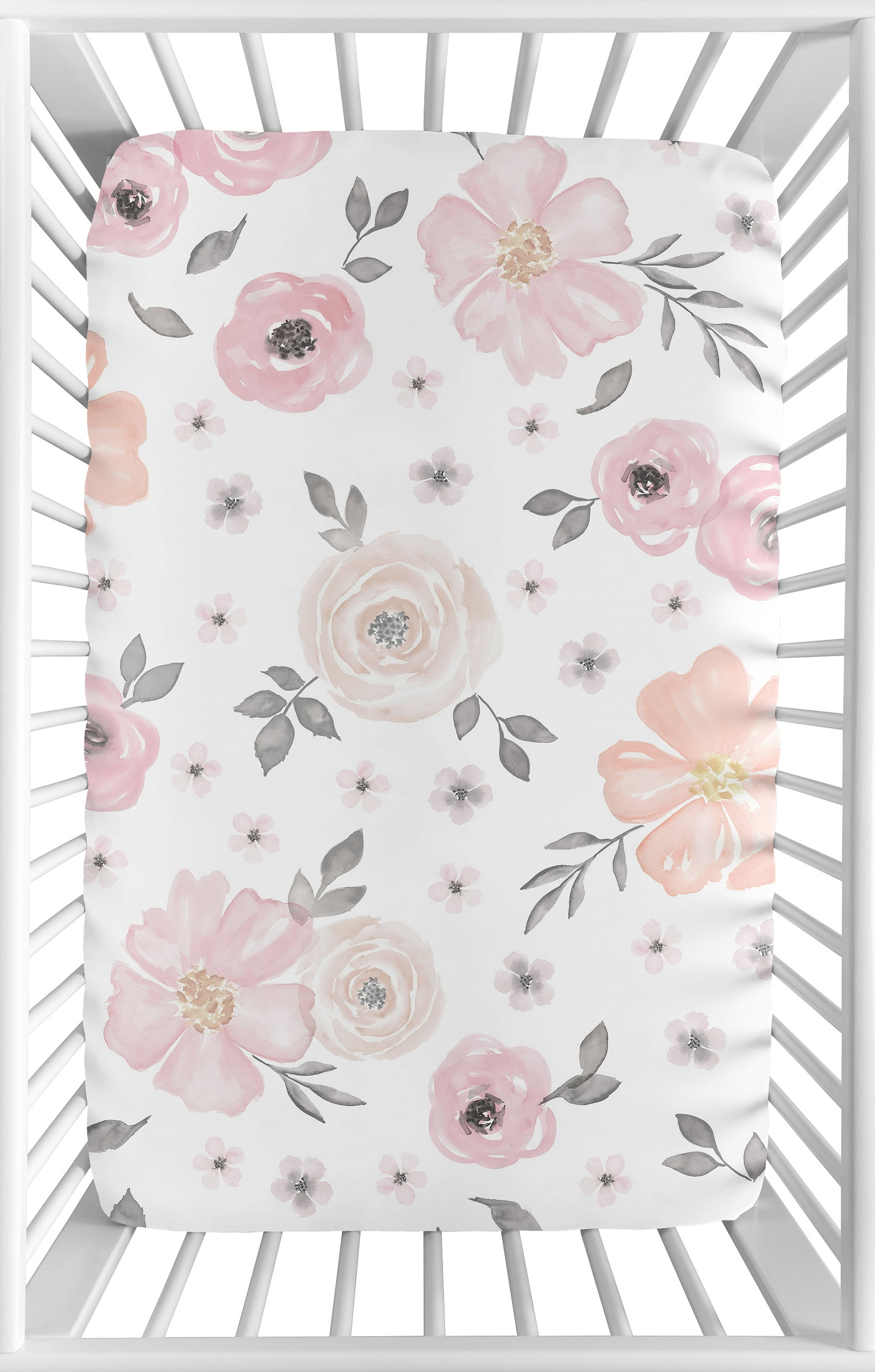 Pink and Grey Baby Fitted Mini Portable Crib Sheet Watercolor Floral Collection by Sweet Jojo Designs