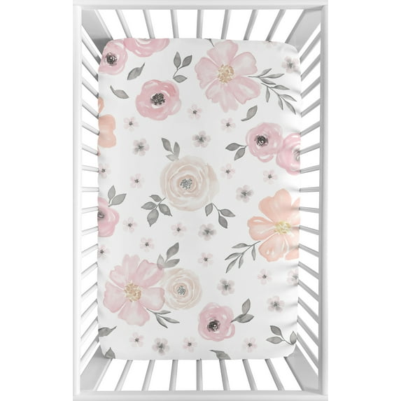 Pink and Grey Baby Fitted Mini Portable Crib Sheet Watercolor Floral Collection by Sweet Jojo Designs