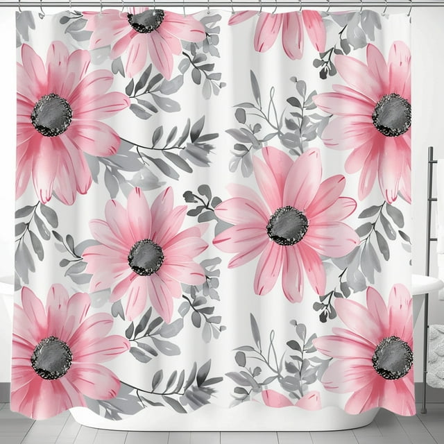 Pink and Grey Daisy Flower Shower Curtain Set Watercolor Floral