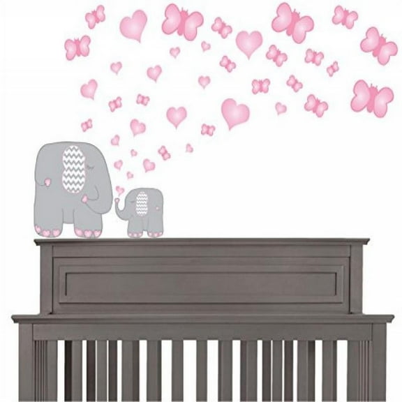 Pink and Grey Elephant Wall Decals  Elephants Wall Stickers with Pink Butterflies and Heart Wall Decals