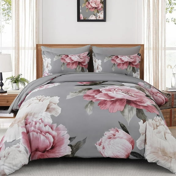 Pink and Grey Floral Comforter Set Botanical King Size 7 Pieces Bed in a Bag All Season