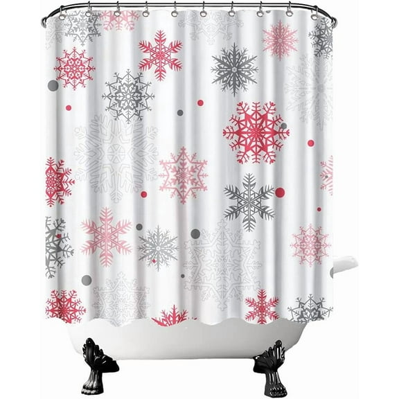 Pink and Grey Snowflakes Shower Curtain Winter Bathroom Curtain for Home Christmas Decor Hooks Included