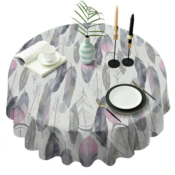 Pink and Grey Watercolor Feather Pattern Round Tablecloth 60"x60",Wrinkle Wipeable Table Cloth for Kitchen Dining Room Picnic Patio Party