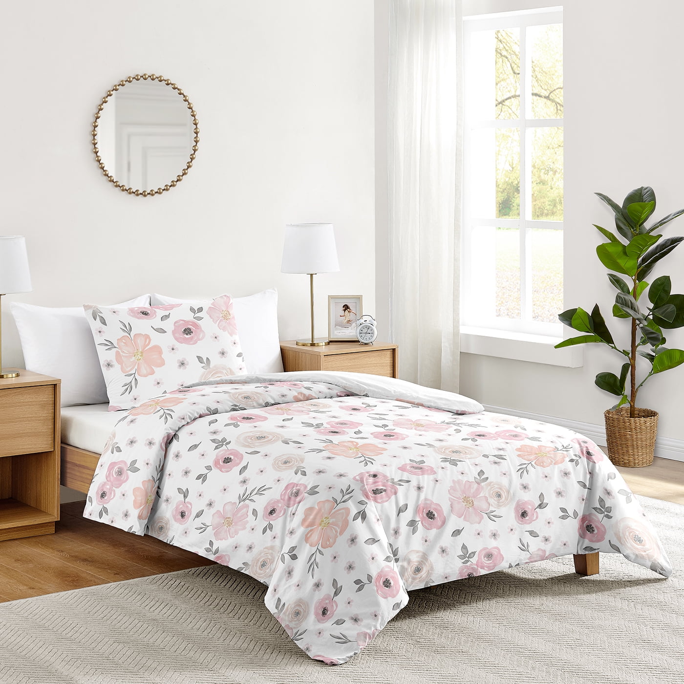 Pink and Grey Floral Twin Microfiber Comforter Set