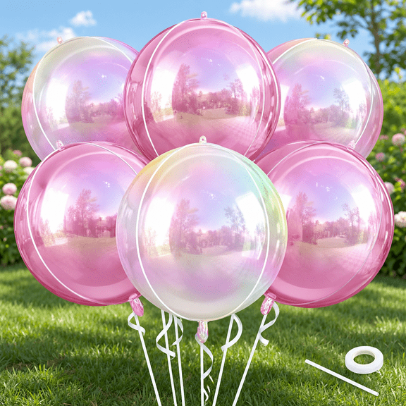 Pink and Iridescent Round Balloons Foil, 22Inch Round Shaped Ball Balloon, Large Pink Bubble Balloons for Wedding Prom Bridal Party Decorations