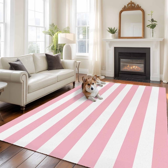 Pink and Large Area Rugs 5x8 ft White Stripes Washable Rug Non Slip Indoor Carpet Absorbent Floor Mat for Living Room Bedroom Dining Room