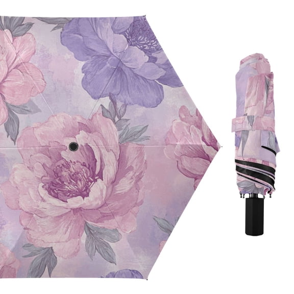 Pink and Lilac Peony Flowers All Weather Umbrella Triple Folding Parasol 6 Ribs UV Protection Portable