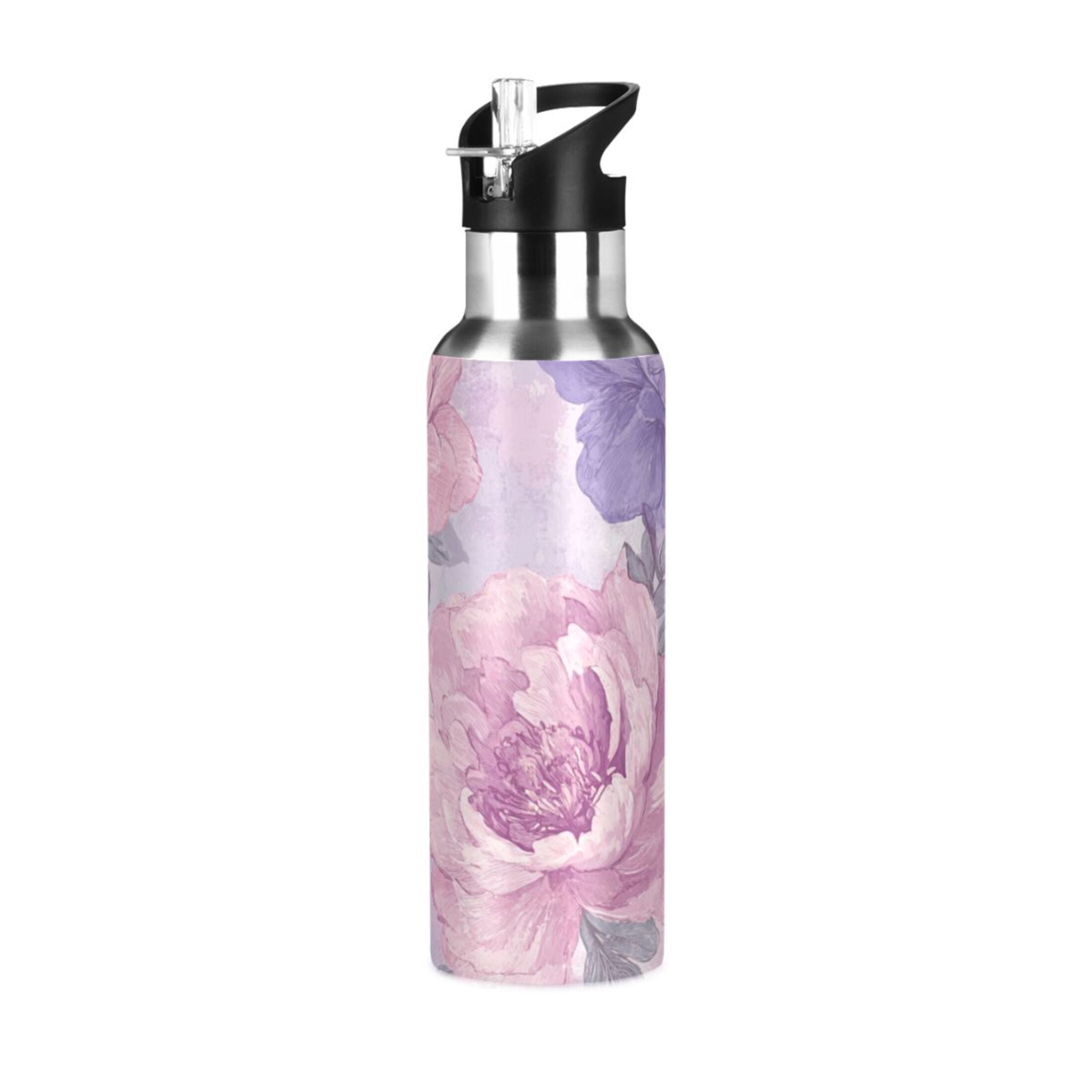 Pink and Lilac Peony Flowers Sports Bottle with Straw Stainless Steel Water Jug Portable Thermal Cup Leak-proof 600ML