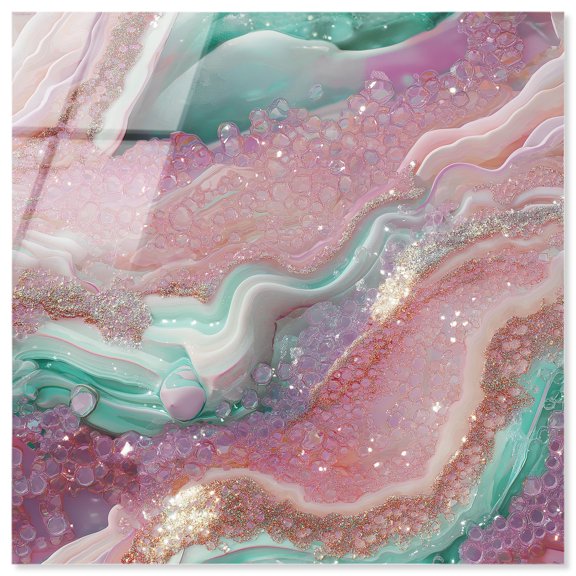 Pink and Mint Crystal III Acrylic Colorful Abstracts by Art Remedy, Ready to Hang, 16 x 16