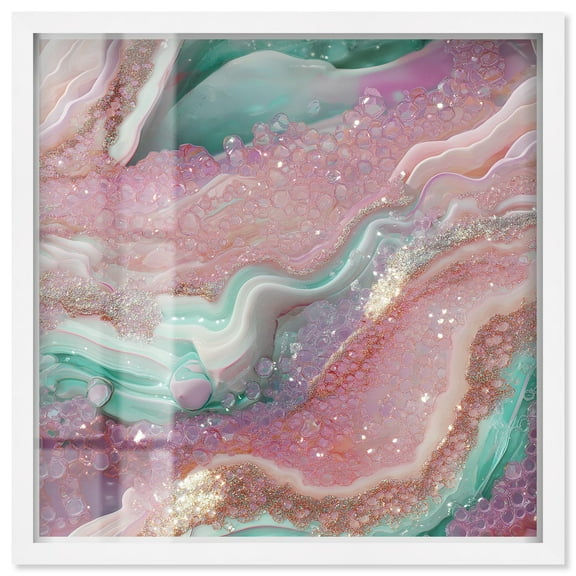 Pink and Mint Crystal III Shadowbox Print Colorful Abstracts by Art Remedy, White Frame, 12 x 12
