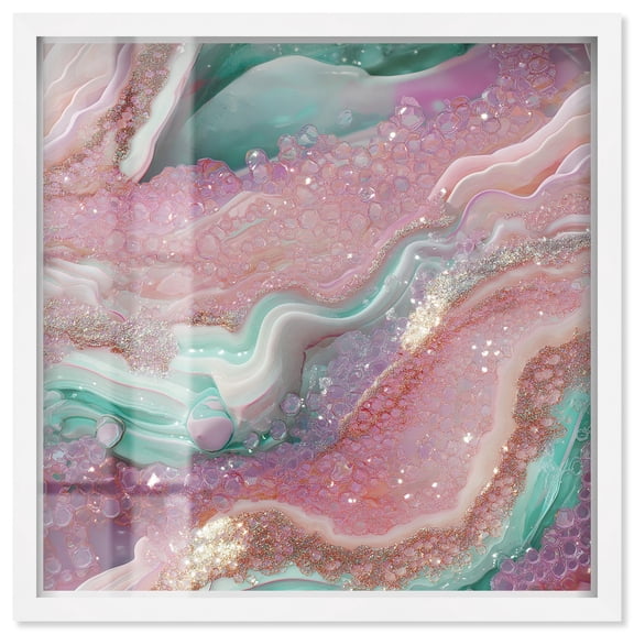 Pink and Mint Crystal III Shadowbox Print Colorful Abstracts by Art Remedy, White Frame, 30 x 30