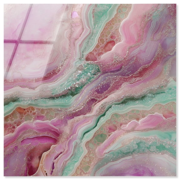 Pink and Mint Crystal IV Acrylic Colorful Abstracts by Art Remedy, Ready to Hang, 30 x 30