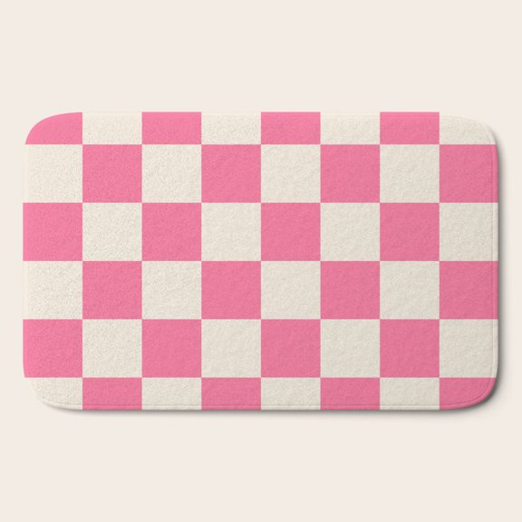 Pink and Off-White Checkerboard Door Mat, Non-Slip Backing
