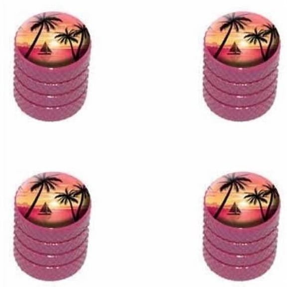 Pink and Orange Beach Sunset Palm Trees Ocean Sail Boat Vacation Tire Rim Wheel Aluminum Valve Stem Caps, Multiple Colors