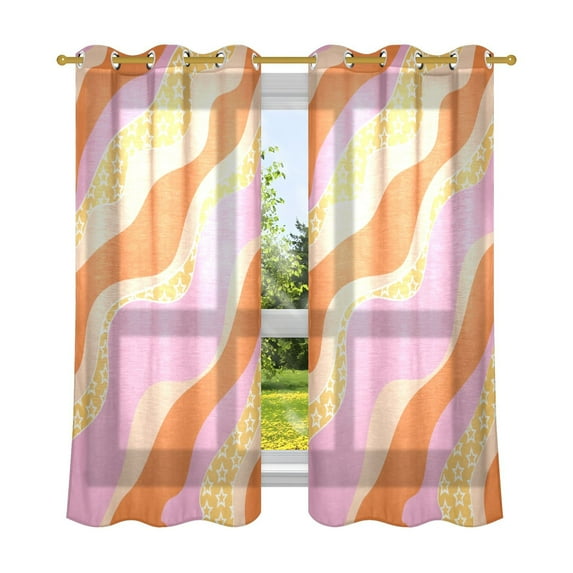 Pink and Orange Print Semi Sheer Curtains 2 Panels Faux Linen Voile Sheer Drapes for Office Living Room 63x42in