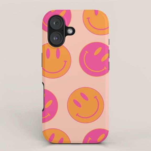 Pink and Orange Smiley Face Tough Case for Apple iPhone, Dual-Layer Polycarbonate and TPU