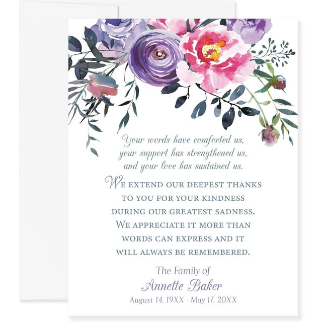 Pink and Purple Floral Funeral Thank You Cards, Sympathy