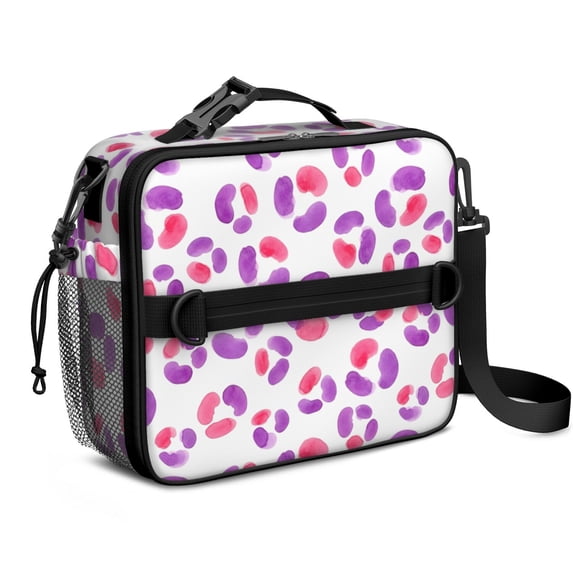 Pink and Purple Leopard Print Insulated Lunch Bag with Shoulder Strap and Bottle Holder,Bento School Lunch Bag Box,11x9.5x3.5 Inches