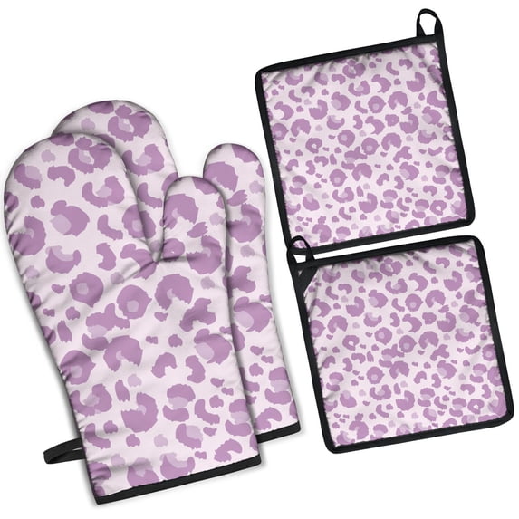 Pink and Purple Of Leopard Print Kitchen Oven Mitt and Pot Holder Sets 4 Pcs for Baking, Cooking and Grilling, Heat Resistant Up To 392 °F