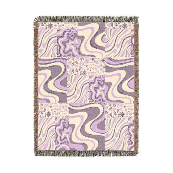 Pink and Purple Patchwork Waves and Floral Doodles Woven Blanket, 100% Cotton, Retro Style for Living Room