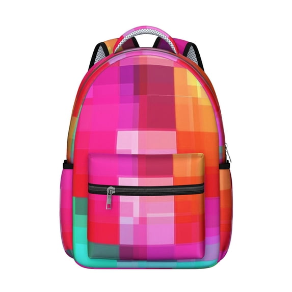 Pink and Red Checkered Pattern Backpack for School, Cute School Bag with Adjustable Shoulder Straps and Padded Back, 15.3"x11"x7.1"