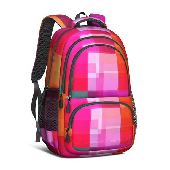 Pink and Red Checkered Pattern Backpack for School, Cute School Bag with Adjustable Shoulder Straps and Padded Back, 16.9"x12.6"x5.9"