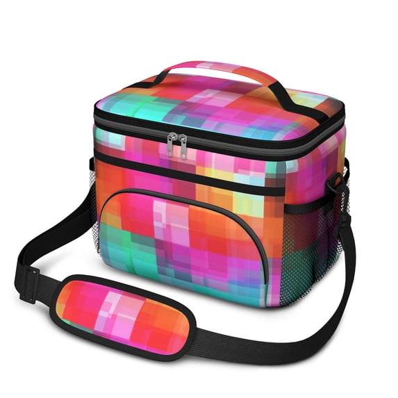 Pink and Red Checkered Pattern Insulated Lunch Box for Women Men, Medium Leakproof Cooler Bag with Adjustable Strap, 10"x6.7"x8"
