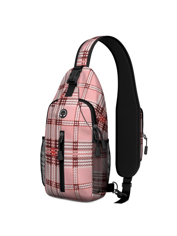 Pink and Red Checkered Pattern Sling Backpack, Cycling Sling Bag with Earphone Port, Multi Pocket Design Gift Ideas for Travel Shopping