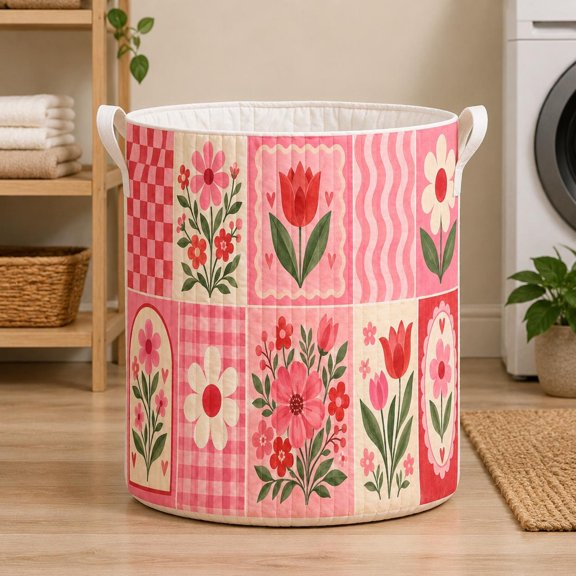 Pink and Red Floral Patchwork Quilted Laundry Basket, Custom Mothers Day Gift, Shabby Chic Home Decor, Fabric Bin, Laundry Bag, Hamper, Sign