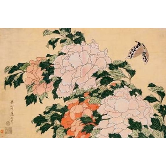 Pink and Red Peonies Poster Print by Hokusai (24 x 36)
