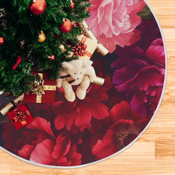 Pink and Red Roses Christmas Tree Skirt Stand Mat Waterproof Floor Protection Mat for Holiday Decoration