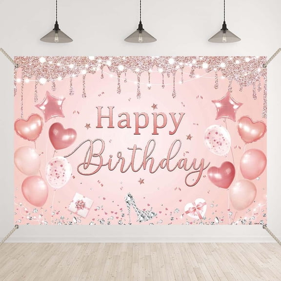 Pink and Rose Gold Happy Birthday Banner for Women and Girls Birthday Party Backdrop Balloons Silver Happy Birthday Background