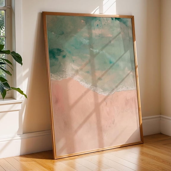 Pink and Sage Green Beach Aerial Ocean Coastal Wall Art Decor, Unframed Poster