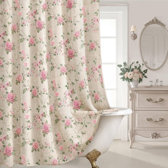 Pink and Sage Green Floral Vintage Shower Curtain,Cottage core Cotton Shower Curtains for Bathroom,72Wx72H