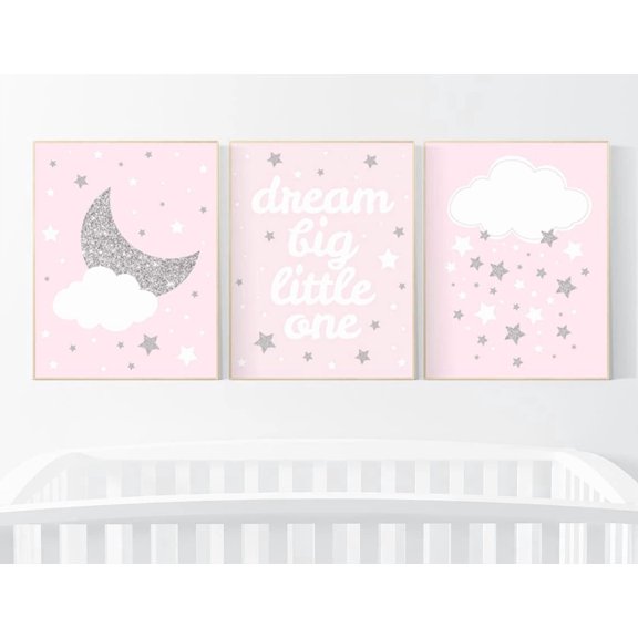 Pink and Silver Nursery Poster Baby Girl Room Decor Cloud and Stars Theme Modern Nursery Wall Prints Set 3