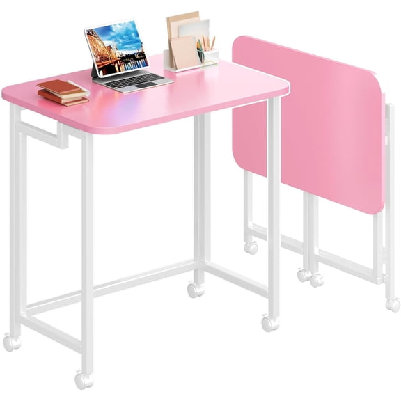 Pink and White 23.6" Mobile Rolling Computer Desk, Folding Laptop Cart Table with Wheels