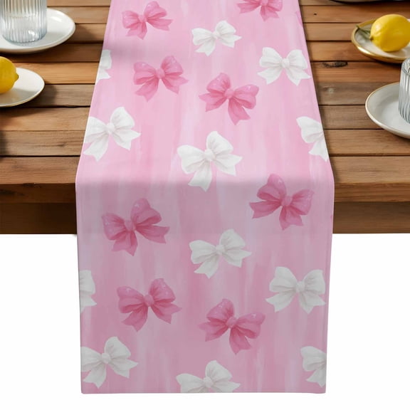 Pink and White Bow Table Runner, Cute Bowknot Kawaii Washable Kitchen Table Runners Dress Scarves for Dining Table Decorations Party, 13x36in