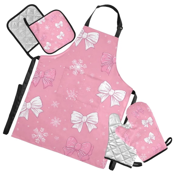 Pink and White Bowknots Snowflakes Christmas Apron Set with Oven Mitts Pot Holders Set of 5 Kitchen Stuff Accessories