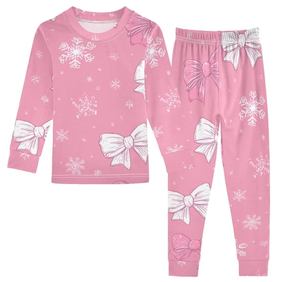 Pink and White Bowknots Snowflakes Christmas Cotton Pajama Set Long Sleeve Top and Pants Sleepwear Unisex 18M
