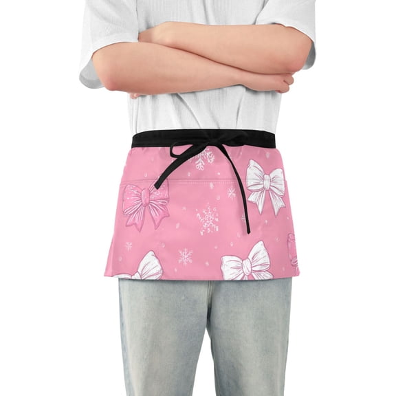 Pink and White Bowknots Snowflakes Christmas Short Server Apron with 3 Pockets for Unisex Chef Gardening