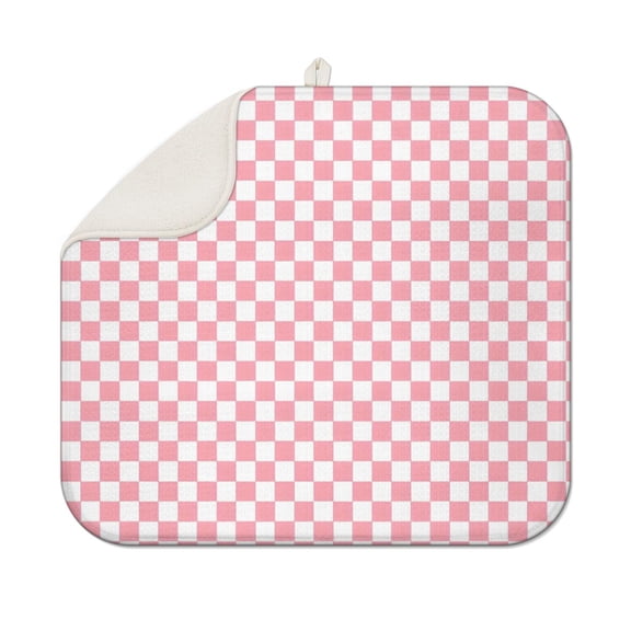 Pink and White Checkerboard Pattern Dish Drying Mat for Kitchen 1 Pack, Ultra Absorbent Microfiber Dishes Drainer Mats,16"x18"