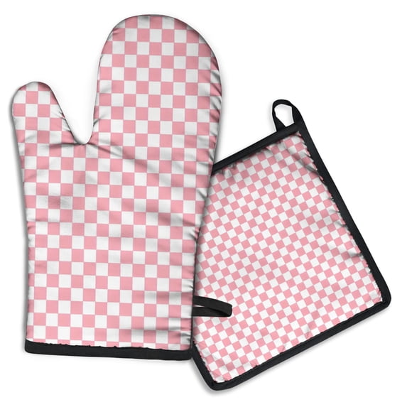 Pink and White Checkerboard Pattern Kitchen Oven Mitt and Pot Holder Sets 2 Pcs for Baking, Cooking and Grilling, Heat Resistant Up To 392 °F